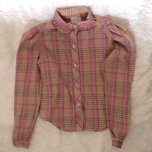🌞Lucky Girl Vintage 80s Multi Colored Gingham Button Down Blouse Girls 8